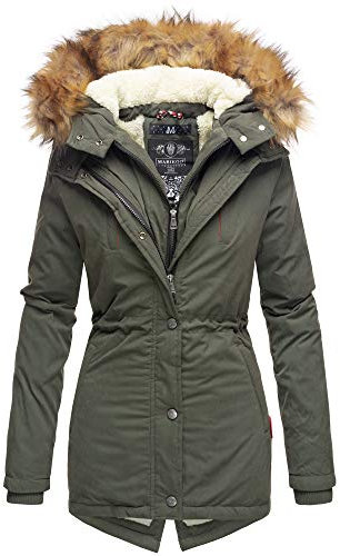 MARIKOO Damen Winter Jacke Parka Gefüttert mit Kapuze & Kunstpelz Olive 36 - S