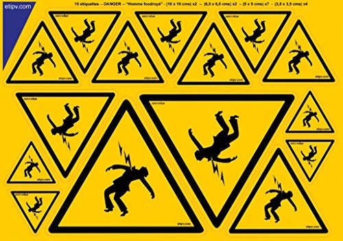 Planche A5 Kit 15 étiquettes Autocollants Stickers Danger Electrique Homme foudroyé JAUNE