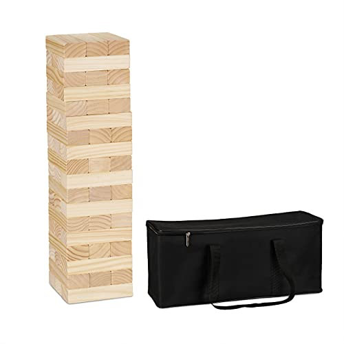 Relaxdays Wackelturm XL, Holzturm Spiel Garten, mit Tasche, 54 Steine, Riesenwackelturm HBT: 63 x 16,5 x 16,5 cm, Natur