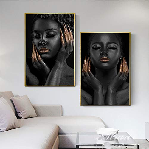 Druck auf Leinwand Schwarz Mädchen Goldene Nägel Kunst Gemälde Modell Poster Giclee Artwork Gerahmte Bilder Home Wall Decor 60x80cmx2pcs Innerer Rahmen