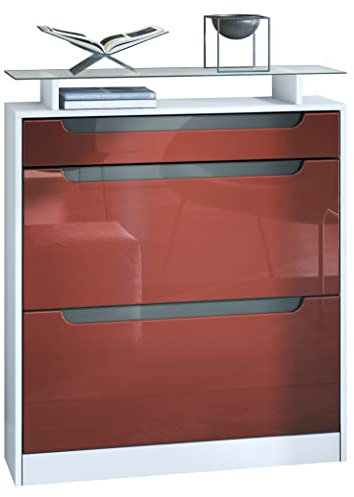 Vladon Schuhschrank Fiesta, Weiß matt/Bordeaux Hochglanz/Grau Hochglanz Schuhkipper für 16 Paar Schuhe mit 2 Klappen (89 x 104 x 23 cm)