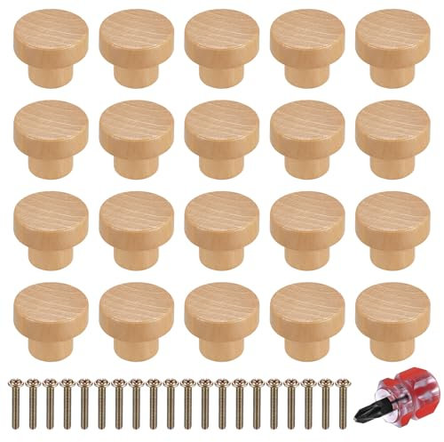 Heozhuyi 20 Stück Möbelknöpfe Holz, Schrankknöpfe, Schubladenknopf, Holzknöpfe Holzgriffe Möbelgriffe Schrankgriffe für Schränke, Schubladen, Kommode, Möbel, mit Schrauben - 35mm