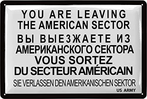 LANOLU Retro Blechschild Nostalgie DDR - You Are Leaving the American Sector Schild - Checkpoint Charlie Berlin Souvenirs als Geschenke - vintage Metallschild, 20x30 cm