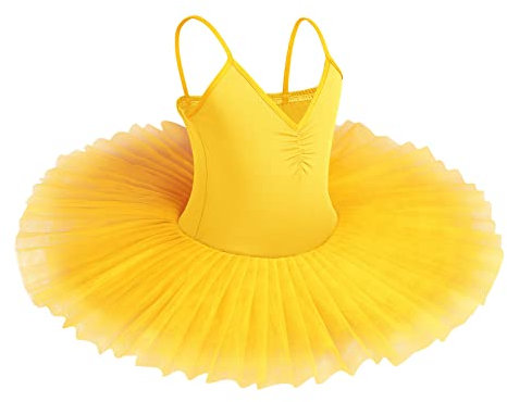 IBAKOM Girls Swan Lake Ballet Dance Tutu Dress V Neck Camisole Leotard Dancewear Ballerina Dancing Costume Gymnastic Spaghetti Strap Sleeveless Dance Outfit Yellow 3-4 Years