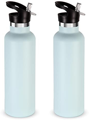 Volhoply 750ml Insulated Water Bottles Bulk 2 Pack,Stainless Steel Double Wall Sport Bottle with Straw Lid,Metal Reusable Cup with Hand Cap for School,Cyclists,Hikers,Gift (Fog, 2)