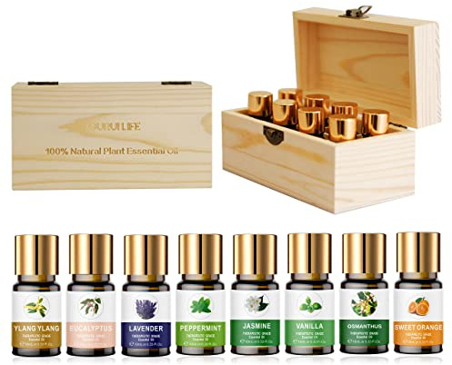 Ätherische Öle Set 8 x 10 ml, Holzkasten Geschenkbox 100% Naturrein Aromatherapie Öl Aromaöl Duftöle, Lavendel, Pfefferminze, Jasmin, Eukalyptus, Vanille, Osmanthus, Süße Orange, Ylang -ylang