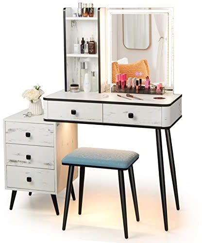 COSTWAY Dressing Table and Stool Set with 3-Color LED Lights Mirror, Drawers, Shelves & Charging Station, Detachable Makeup Vanity Table Set, Bedroom Cosmetics Dresser Gift (White, Rectangular Mirror)
