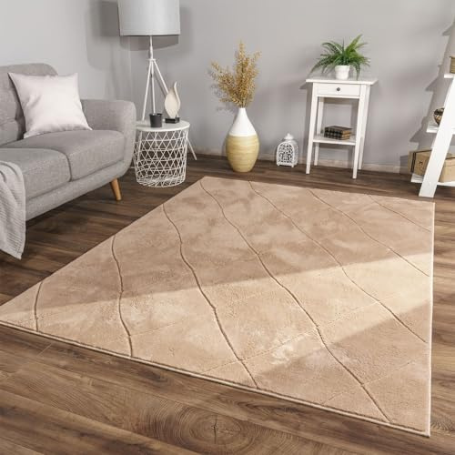 TT Home Wohnzimmer Teppich Esszimmer Kurzflor Skandi Design Rauten Deko 3D Weich, Farbe:Beige, Größe:200x280 cm
