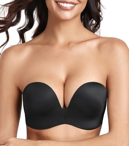 Lemorosy Push up Strapless Bra Women's Anti-Slip Invisible Seamless Wireless Lift Support(Black,34D)