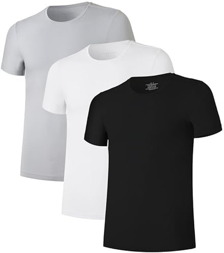 COLORFULLEAF Lot de 3/5 t-shirts en bambou pour homme - Col en V - Col rond - Stretch - Couleur unie - Pour le travail, Col rond, noir, blanc, gris, L grande taille