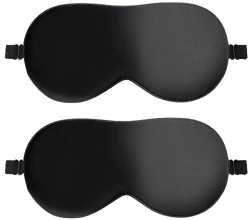 Quelcc Schlafmaske, 2er-Pack Schlafmaske aus Seide, Hautfreundlich Schlafbrille, mit Verstellbarem Riemen für Druckentlastung und tiefen Schlaf (Schwarz)