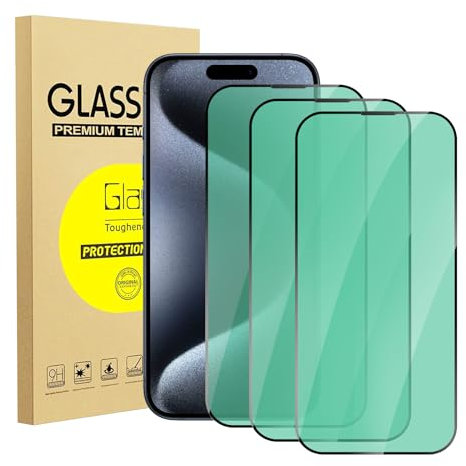 zonyee Screen Protector for iPhone 15 Pro, 3 Pack Anti Blue Light Tempered Glass Protective Film [Green Light Eye Protection] Compatible with iPhone 15 Pro 6.1'', Anti Fingerprint, Anti Scratch