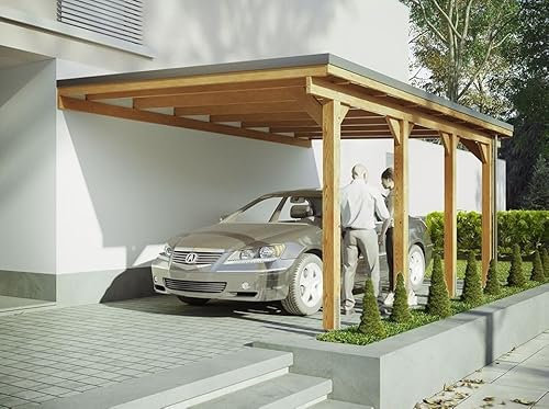 Direct ABRIS Carport Adosse Bois Riverside - 1 Voiture - 363 x 555 - Abris Voiture - Feutre Bitumeux sur Les Voliges - Bandeau de Finition - Toit Plat - Design Contemporain