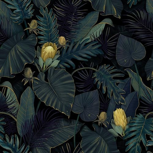 SOEWIOU Thicken Dark Leaf Yellow Flower Wallpaper, 300 * 44.5cm, Removable, Waterproof, Self-Adhesive Vinyl Contact Paper for Living Room, Bedroom, Washroom, Cabinet Wall