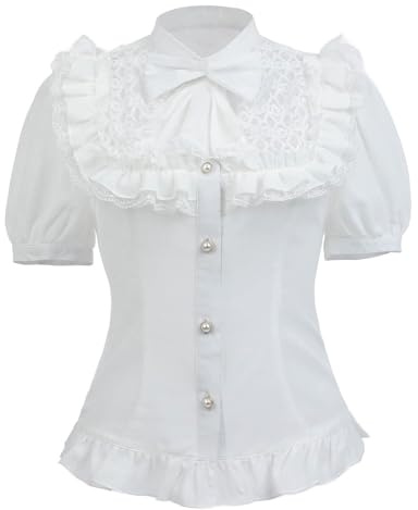 CR ROLECOS White Victorian Blouse for Women Short Sleeve Ladies Victorian Style Ruffle Blouses with Bow XL