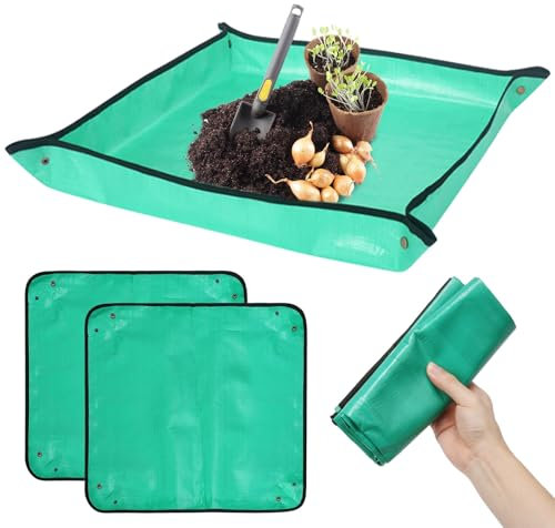 LOOPES Plant Repotting Mat 2pcs 100cm X 100cm Foldable Waterproof Planting Tray Portable Green Gardening Mat for Garden Potting Table Mix Soil Compost for House Indoor Outdoor Succulent Plants