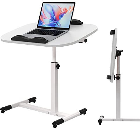 PIPIPOXER 60 x 40 cm, soporte para ordenador portátil, altura ajustable, 61 cm a 95 cm, mesa alta móvil con ruedas con 2 listones de parada, mesa superior giratoria 360, mesa auxiliar, color blanco