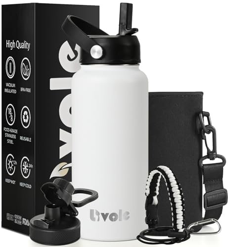 Livole Stainless Steel Water Bottle for Women, Men, 32oz 950ml Insulated Water Bottles for Sports, Gym, Travel, Climbing, Vacuum Metal Water Bottle with Straw and 2 Lids, Bottle Carrier, White