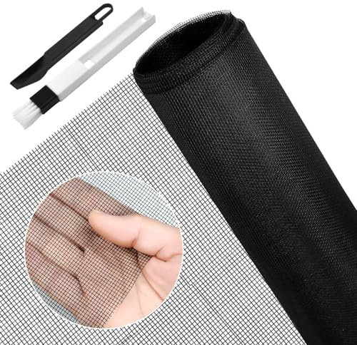 BUZIFU Zanzariera Rete in Fibra di Vetro, Zanzariera a Rete per Finestre 90 * 220cm Ricambio Rete Zanzariera per Finestra Resistente a Raggi UV con 1 Spazzola per la Pulizia 2 in 1 (Nero)