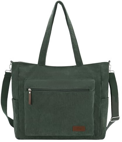 Kasgo Cord Handtasche Damen, 28L Groß Arbeitstasche Damen 15,6 Zoll Laptoptasche Umhängetasche Tote Bag Shopper Tasche mit Reißverschluss und Abnehmbaren Schultergurten für Arbeit Uni Gym Grün
