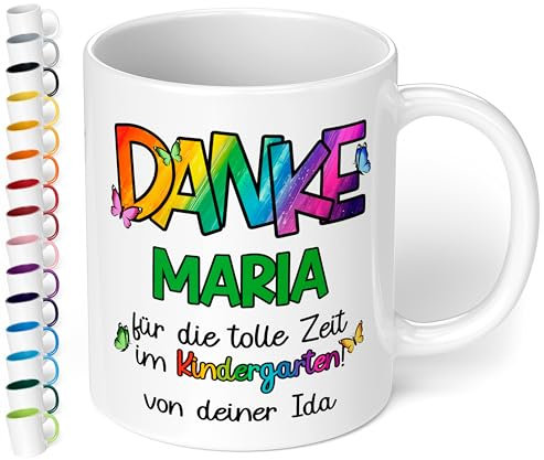 True Statements Dankeschön Kita Abschiedsgeschenk für Erzieherin: Keramik-Tasse personalisiert „Danke WUNSCHNAME – für die tolle Zeit im Kindergarten!“ - 330ml (Weiß)