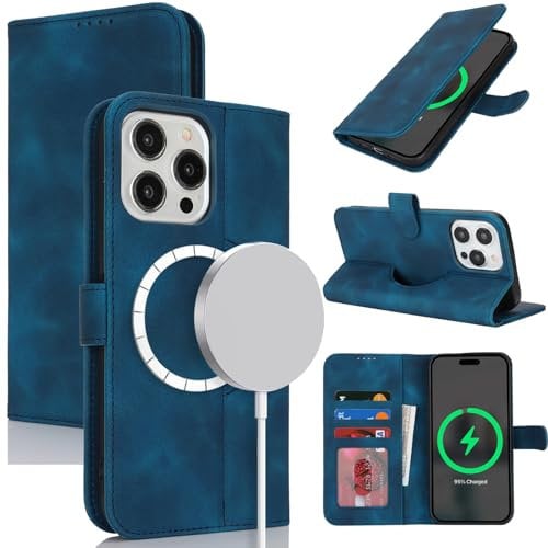 Zouzt Case for iPhone 15 Pro (6.1), [Compatible with MagSafe] Magnetic PU Leather Wallet Case with Card Holders and Kickstand, Wireless Charging Flip Folio Phone Cover - Vintage Blue