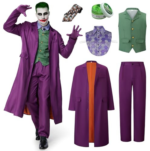 IEEILULU Costume Joker Uomo, Costume Horror Clown Uomo Halloween Joker Assassino Uomo con Cappotto Viola, Gilet Verde, Pantaloni, Cravatta, Finto Colletto della Camicia e Guanti per Halloween (XL)