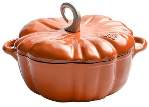 CHFYIJYHM Emaillierter Dutch Oven aus Gusseisen mit Deckel, Kürbis-Cocotte, Kürbis-Dutch Oven aus Gusseisen, 3,7 l, Kochtopf in Kürbisform, Emaille-Topf, Topf als Geschenk zu Halloween und Erntedankfe