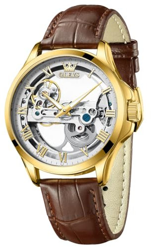 OLEVS Skeleton Automatische Herrenuhren Mechanisch Modisch Luxus Leder Wasserdicht Leuchtende Herren Armbanduhr