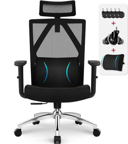 Daccormax Bürostuhl, ergonomisch mit 200KG, Schreibtischstuhl mit Verstellbaren Armlehnen, Kopfstütze und Lendenwirbelstütze, Chefsessel aus Mesh, Bürostuhl Schaukelfunktion