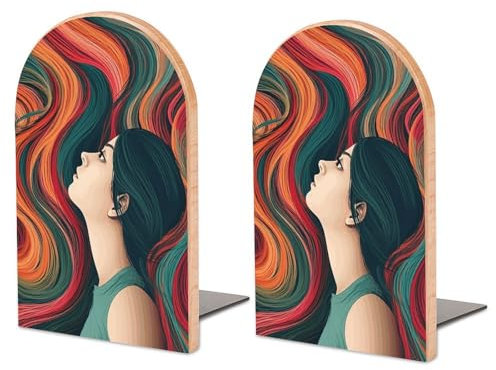 Serre-livres réglables en bois de hêtre et fer, motif femme avec de longs cheveux colorés imprimés, supports de livres pour décoration moderne de maison et de bureau
