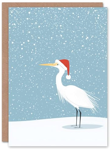 Wee Blue Coo Greeting Card White Heron in Winter Snow Wearing Santa Hat Blank For Him Or Her Art Xmas Christmas Card