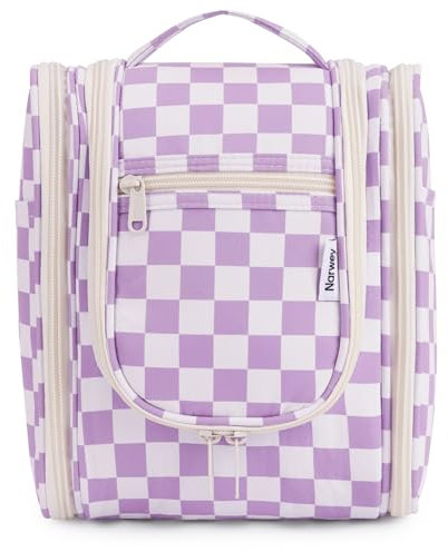 Narwey Checkered Travel Hanging Toiletry Wash Bag Makeup Cosmetic Organizer for Women (Purple Checkerboard (Small))