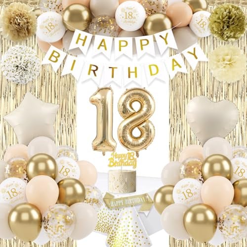 18. Geburtstag Mädchen Deko, Beige Gold Deko Zum 18 Geburtstag, Luftballons 18 Party Deko, Happy Birthday Banner Pompons für Geburtstagsdeko 18 Jahre Mädchen