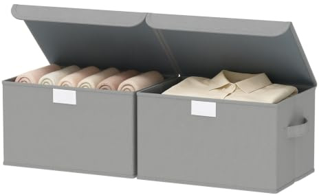 GUOHNHE Kisten Aufbewahrung für Schlafzimmer, Grau, 30x23x20 cm, 2 Stück | Faltbare Stoffboxen mit Deckel, Ordnungssystem Kleiderschrank, Aufbewahrungskorb für Schlafzimmer, Kleideraufbewahrung