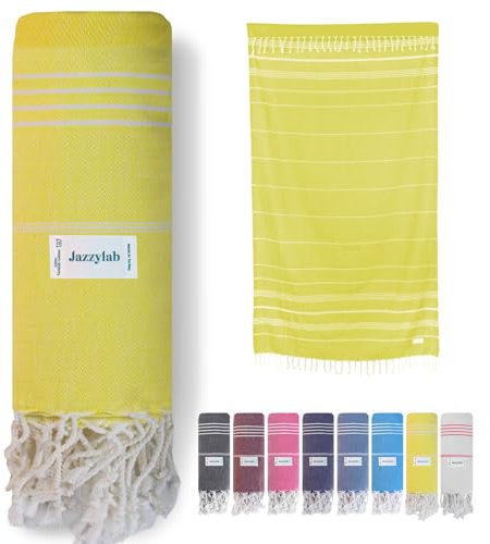jazzylab SULTAN Peshtemal | Telo hammam in 100% cotone con classico motivo a righe | Leggero, assorbente e ad asciugatura rapida | Ideale per sauna, bagno turco, spiaggia o viaggi | Giallo, 90x180 cm