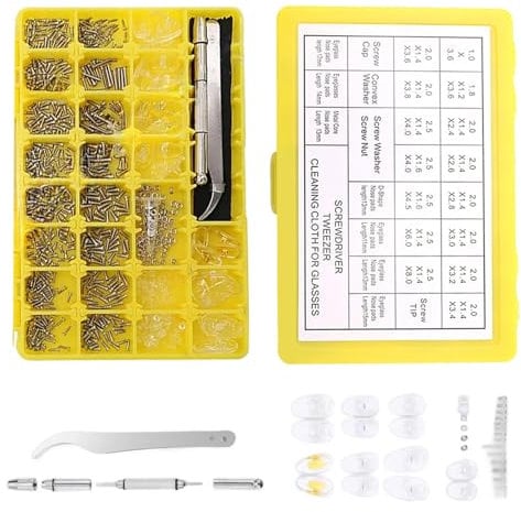 Glasses Repair Kit 1000 PCS Spectacles Repair Kit with Screws and Screwdriver, Tweezer, Silicone Nose Pads and Cleaning Cloth, Complete Eyeglass Sunglass Assorted Screws Repair Tool Kit 32 Grids