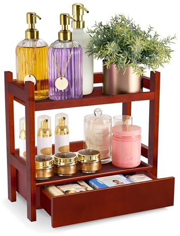 Sorbus Bamboo Bathroom Counter Organizer – 2-Tier Shelf with Hidden Drawer for Vanity, Matcha Station, Bathroom Sink Organizer Countertop, Kitchen & Office Storage (13″ L x 6.5″ W x 12.6″ H) (Brown)