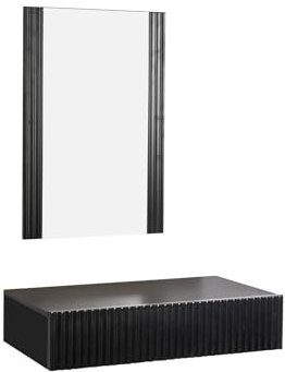 MB Muebles Bonitos, Hängender Schminktisch mit Spiegel Velia, Schminktisch mit Schublade, Rillendesign, Melamin und PVC, Farbe Schwarz, ideal für das Schlafzimmer