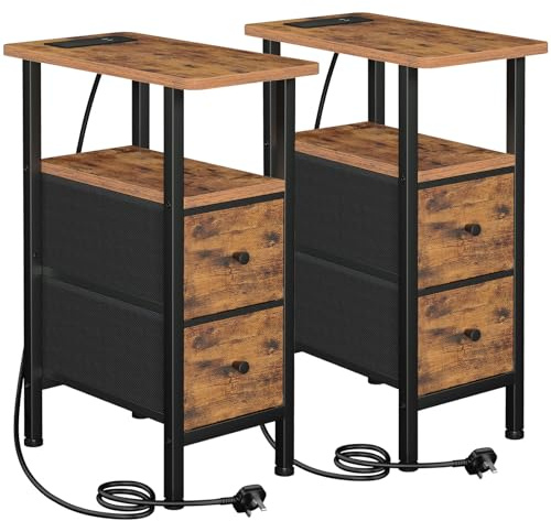 LOAKEKEL Narrow Bedside Table Set of 2, Slim Side Table for Bedroom | Bed Side Table Living Room with Charging Station, Sofa Table with 2 Fabric Drawers, Small Nightstand for Small Spaces, Brown