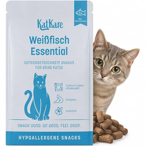 KatKare Hypoallergene Katzensnacks Weißfisch Essential 30g Monoprotein | Gefriergetrocknet, getreidefrei, ohne Zusatzstoffe, ideal für empfindliche Katzen mit Weißfisch als Proteinquelle