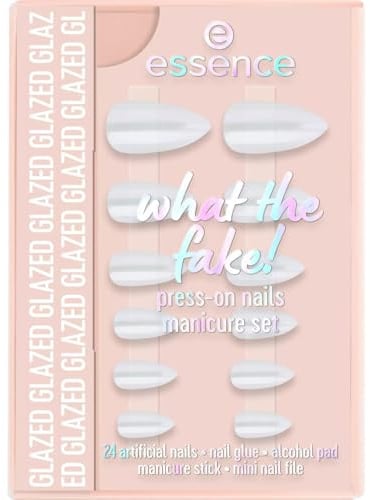 essence what the fake! PRESS-ON NAILS manicure set, Nagel Set, Nr. 01, Weiss, langanhaltend, fixierend, schnelltrocknend, glänzend, schimmernd, vegan, Nanopartikel frei, 1er Pack (28pcs)