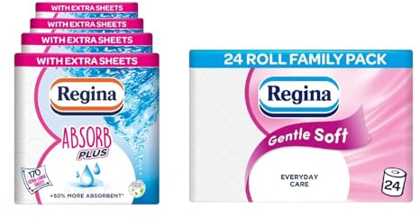 Regina Absorb Plus Kitchen Towels – 8 Super Absorbent 2-ply Kitchen Rolls, 85 Sheets Per Roll + Regina Gentle Soft Toilet Tissue - 24 Rolls of 3 Ply Toilet Paper, 160 Sheets, FSC Certified