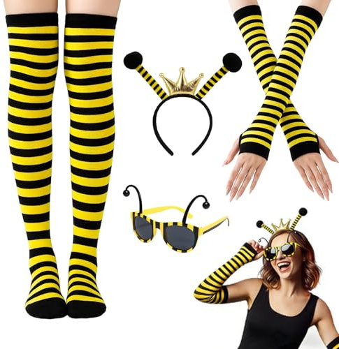 YceLon Bienen Kostüm Damen, Bee Costume Set mit Stirnband, Brille, Socken und Armstulpen, Hummel Kostüm Erwachsene für Kostümpartys und Themenveranstaltungen Damen Karneval Verkleidung ﻿