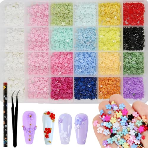 10000Pcs 3D Flower Nail Art Charms & Beads Kit - 24 Resin Decoration Set for Nails with Dual-Size Floral Designs, Includes Application Tweezers & Wax Pencil for Creative Manicures Professional