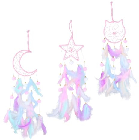 Culinavog 3 Stück Traumfänger Mädchen, Traumfängers in Stern-, Mond und Katzeform, 56cm traumfänger groß mit Feder-Dekoration für Kinder Schlafzimmer Home Decor Segen Geschenk Party(PINK)