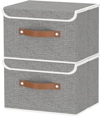 OUTBROS Storage Boxes with Lids 2 Pack, Organiser 26x20x17cm, Grey | Collapsible Storage Bins with Handle, Organiser Containers for Shelves, Linen Fabric Clothing Basket