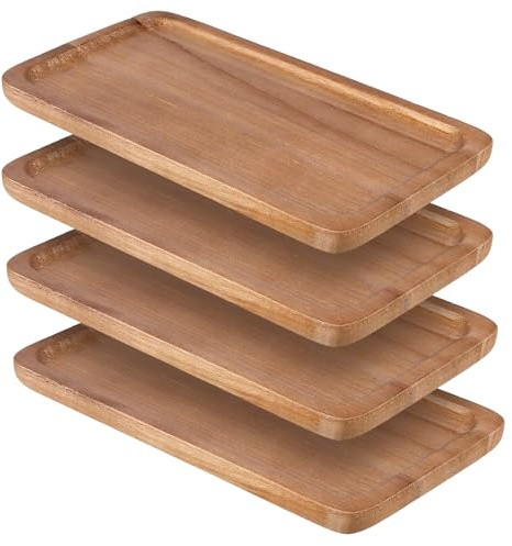 MANCHAP 4 Pack Small Wood Rectangle Tray, 19 x 10.5 x 1.5cm Wooden Serving Tray for Snack Food, Home Decor, Bathroom