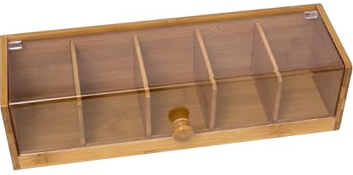 Odoukey Tee-Auswahlbox aus Bambus, Organizer mit 5 Fächern, staubdicht, auslaufsicher, Teedose mit transparentem Deckel, Beutelaufbewahrung