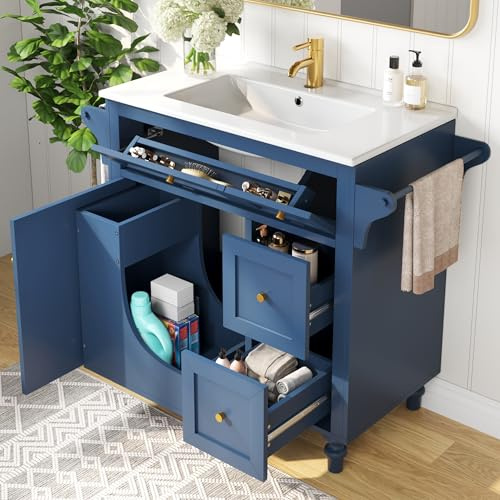 Ktipm Armario Baño con Lavabo y Cajón Extensible, Mueble baño con Cajón Abatible y Toallero, Muebles Auxiliares de Baño con Pata de Madera, Lavabo con Mueble, 99.5x45x86 cm, Azul